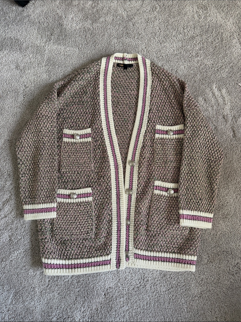 Maje Cream, Pink and Brown Knit Cardigan